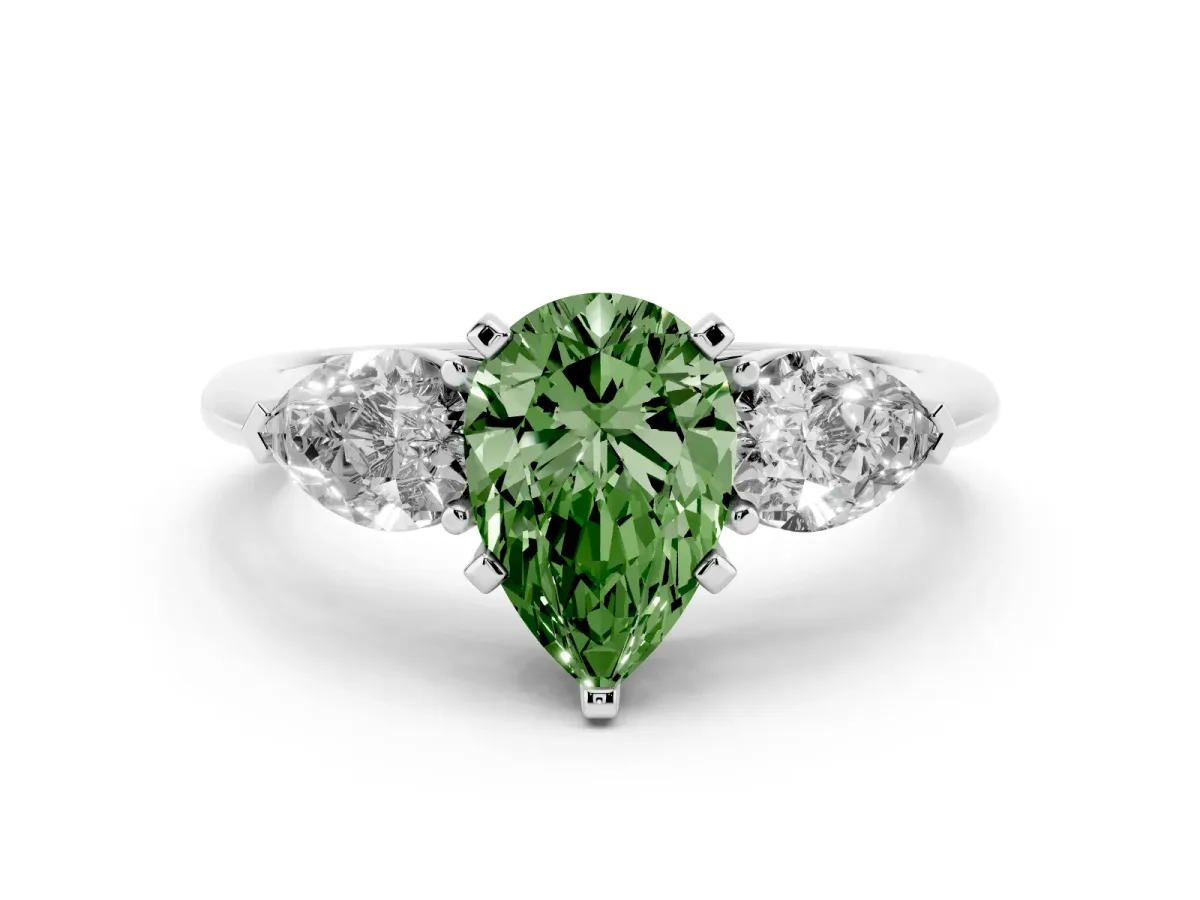 Fancy Green Three-Stone Pear Cut Diamond Ring with Pear Side Stones and Four-Prong Setting Platinum