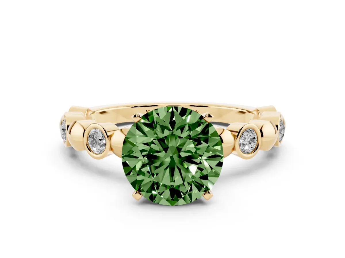 Fancy Green Round Cut Solitaire Bezel-Set Diamond Ring with Beaded Band and Four-Prong Setting Yellow gold