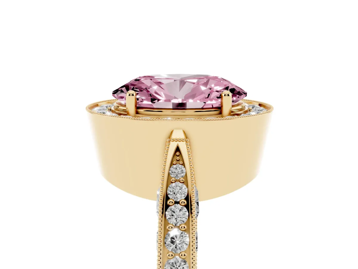 Fancy Pink Oval Cut Halo Diamond Engagement Ring with Split Shank Band and Four-Prong Setting Yellow gold