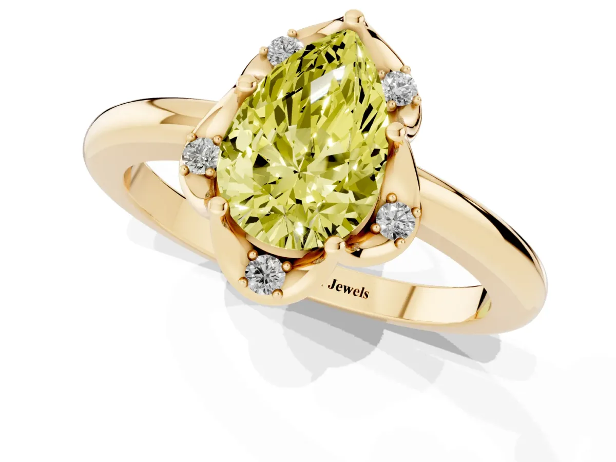Fancy Yellow Pear Cut Halo Diamond Ring with Round Cluster Setting, Solitaire Band, and Four-Prong Setting Yellow gold