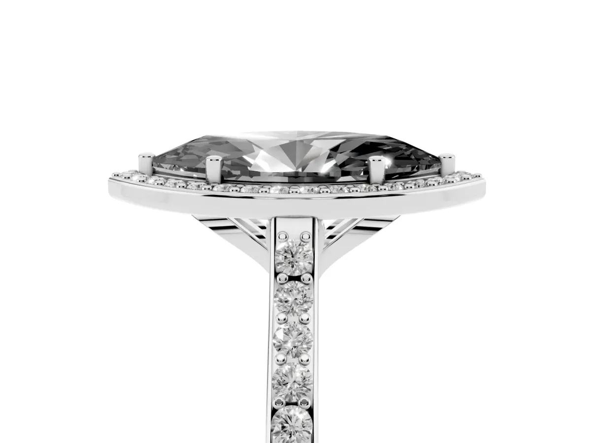 Fancy Black Marquise Cut Diamond Halo Engagement Ring with Round Pavé Shoulders and Prong Setting Platinum