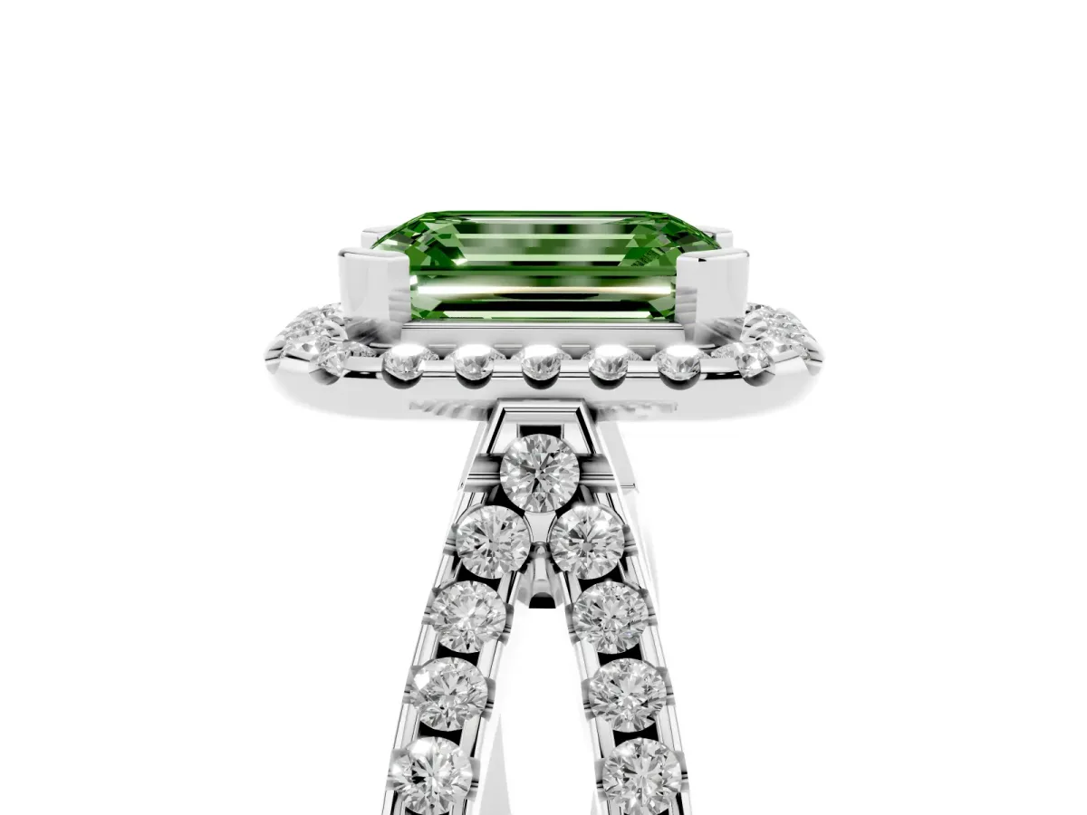 Fancy Green Emerald Cut Diamond Halo Ring with Split Shank Pavé Band and Prong Setting Silver