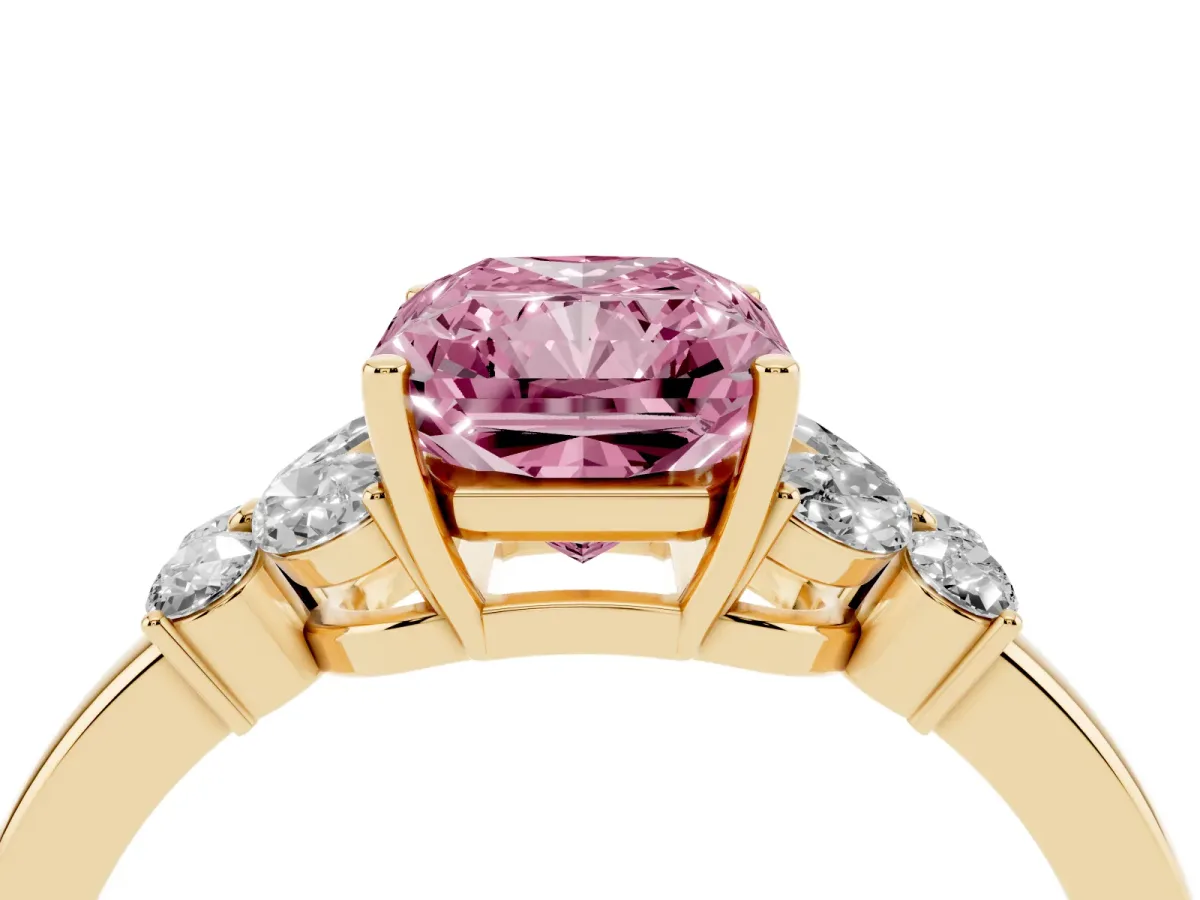 Fancy Pink Radiant Cut Cut Solitaire Floral Diamond Ring with Four-Prong Setting Yellow gold