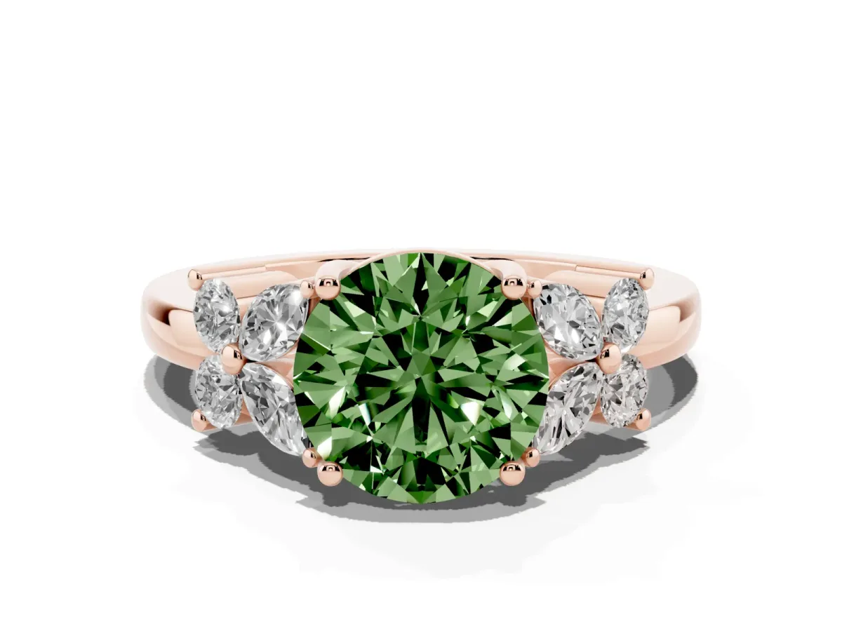 Fancy Green Round Cut Diamond Floral Cluster Ring with Solitaire Band and Prong Setting Rose gold