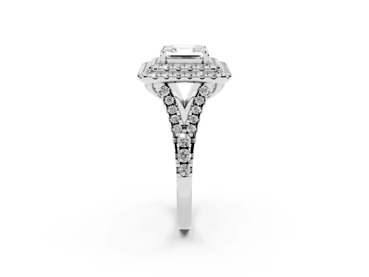 Double Halo Asscher Cut Diamond Pavé Split Shank Ring with Prong Setting Silver