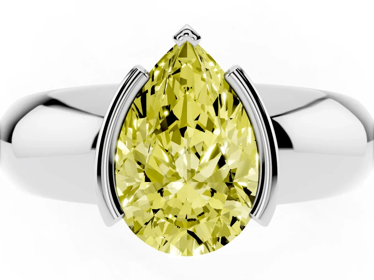 Fancy Yellow Pear Cut Solitaire Tension Set Diamond Ring with Wide Band Platinum