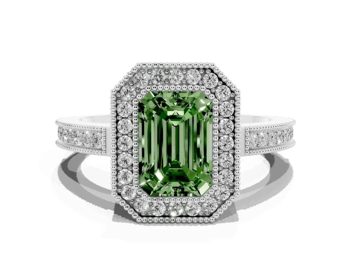 Fancy Green Emerald Cut Cut Halo Diamond Ring with Pavé Band and Milgrain Prong Setting White gold