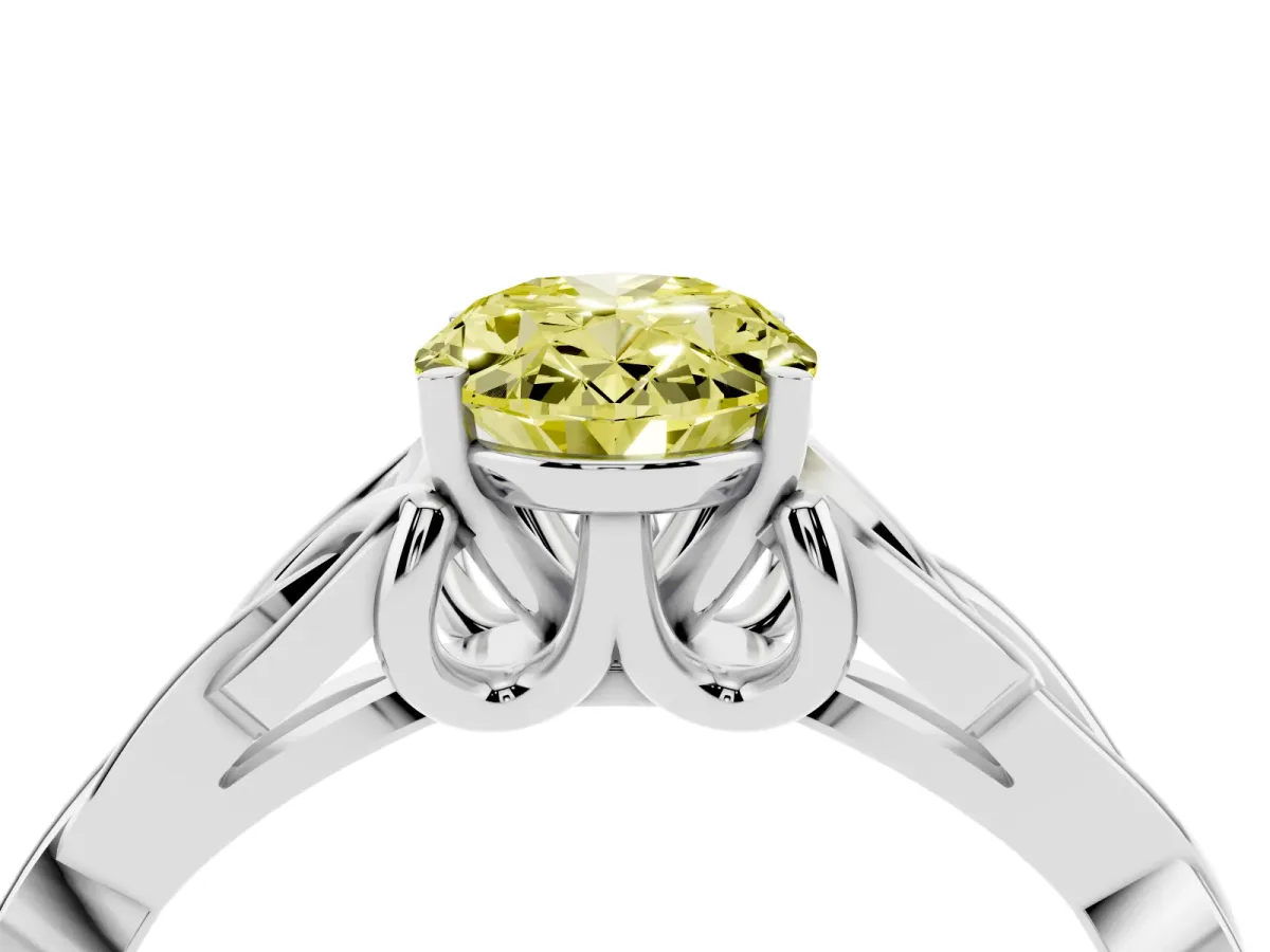 Fancy Yellow Oval Cut Diamond Solitaire Engagement Ring with Celtic Knot Band and Four-Prong Setting White gold