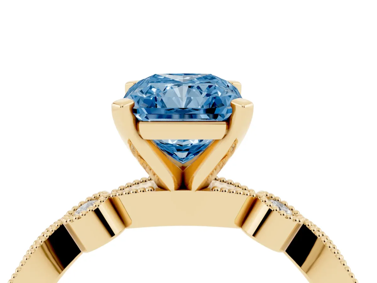 Fancy Blue Radiant Cut Milgrain Bezel Diamond Engagement Ring with Solitaire Prong Setting Yellow gold