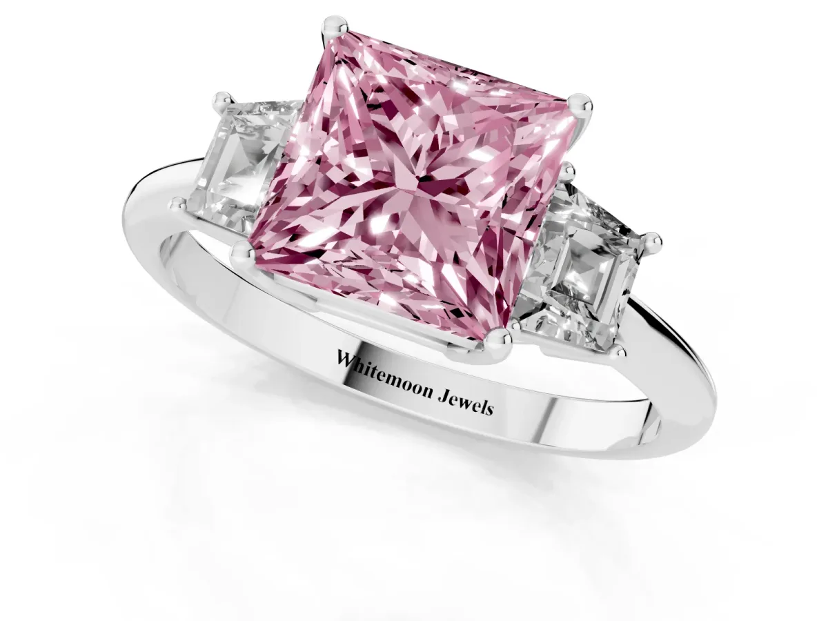 Fancy Pink Princess Cut Diamond Three-Stone Ring with Trapezoid Side Stones and Prong Setting Silver