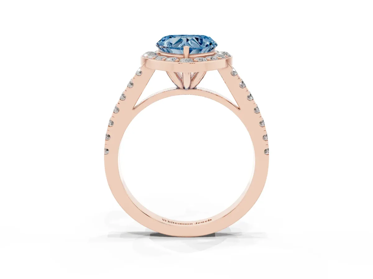 Fancy Blue Heart Cut Diamond Halo Ring with Round Pavé Split Shank and Prong Setting Rose gold