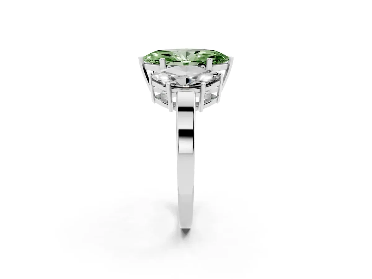Fancy Green Three-Stone Marquise Cut Cut Diamond Engagement Ring with Flat Band and Four-Prong Setting Silver