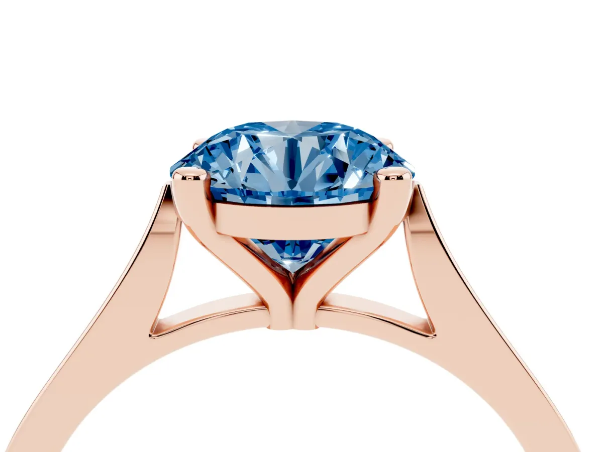 Fancy Blue Round Cut Solitaire Diamond Ring with Four-Prong Setting and Tapered Band Rose gold