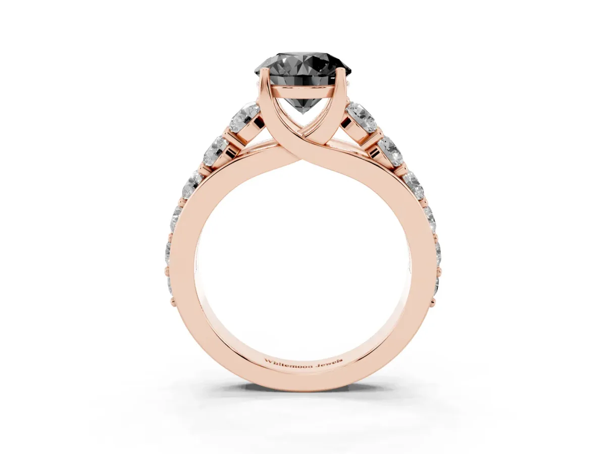 Fancy Black Round Cut Diamond Engagement Ring with Pavé Band and Four-Prong Setting Rose gold