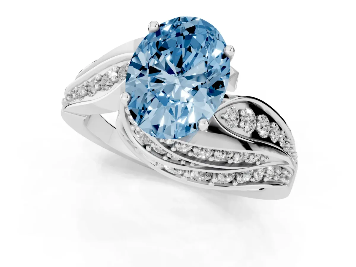 Fancy Blue Oval Cut Diamond Solitaire Ring with Prong Setting and Twisted Pavé Band Silver