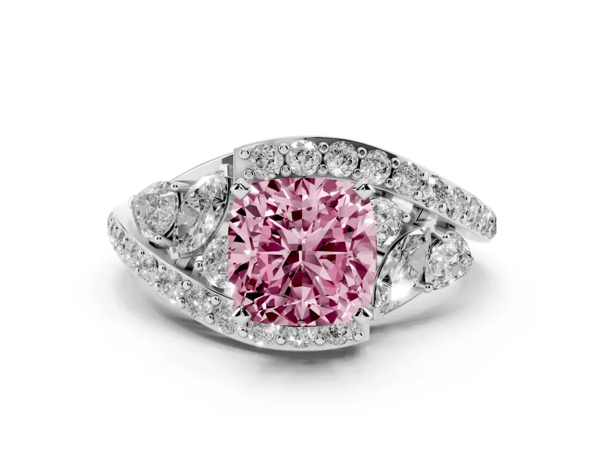 Fancy Pink Cushion Cut Diamond Halo Ring with Marquise and Pavé Band in Prong Setting Platinum
