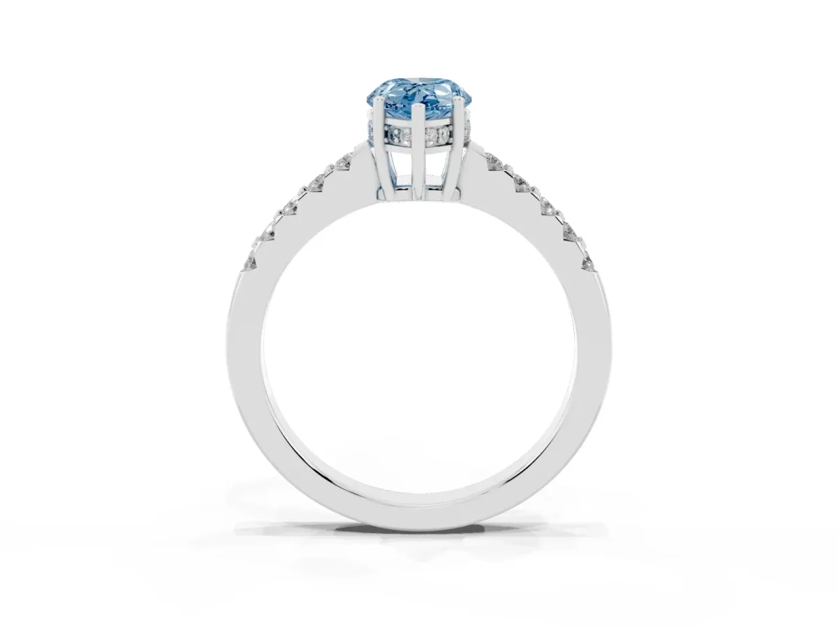 Fancy Blue Pear Cut Solitaire Diamond Engagement Ring with Pavé Band and Six-Prong Setting Silver