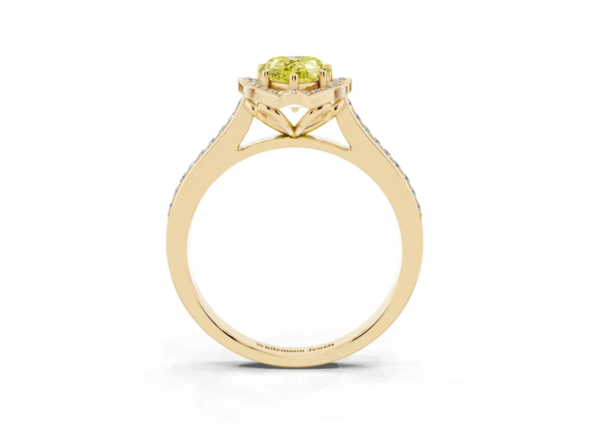 Fancy Yellow Pear Cut Halo Round Diamond Pave Band with Four-Prong Setting Yellow gold