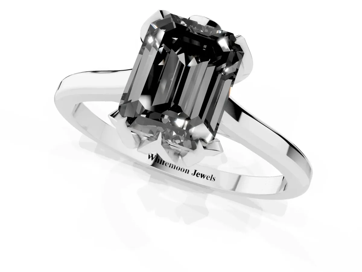 Fancy Black Emerald Cut Diamond Solitaire Ring with Flower Prong Setting and Classic Band Silver
