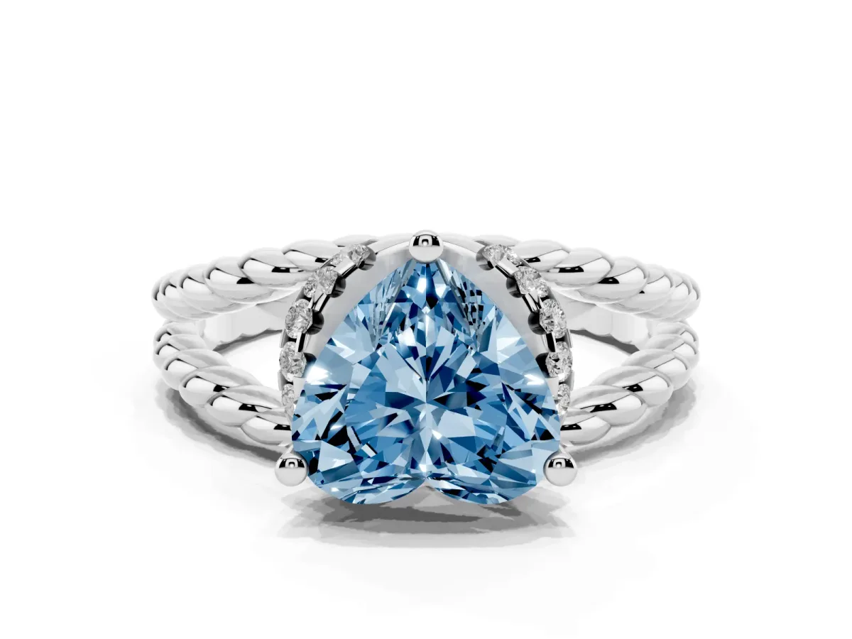 Fancy Blue Heart Cut Halo Twisted Band Four-Prong Ring Silver