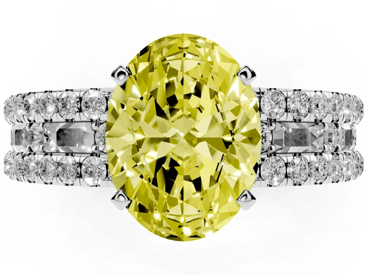 Fancy Yellow Oval Cut Diamond Solitaire Ring with Pavé and Channel Set Band Silver
