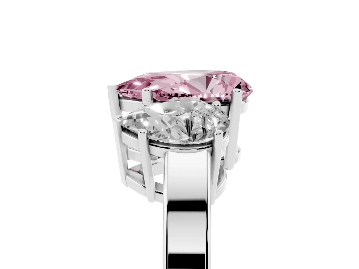 Fancy Pink Three-Stone Pear Cut Cut Diamond Engagement Ring with Flat Band and Four-Prong Setting Silver