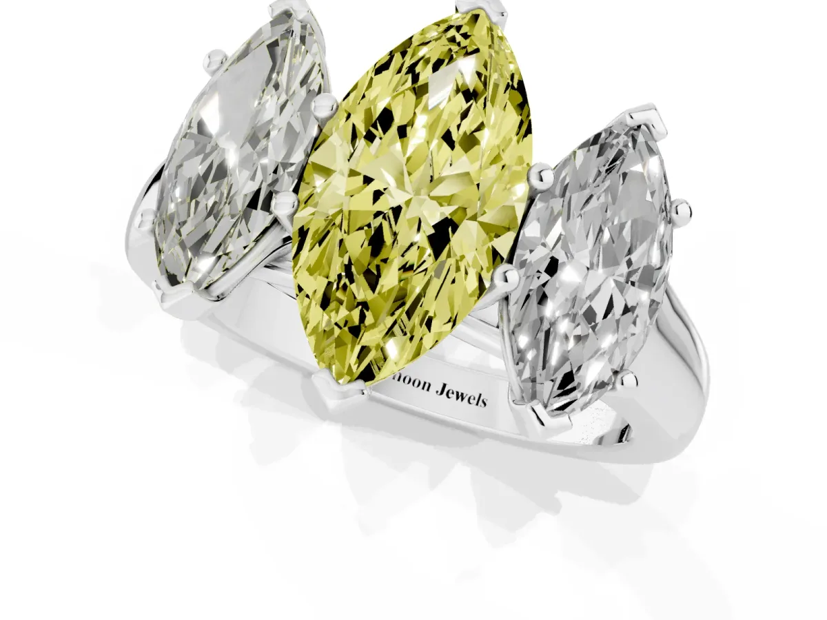 Fancy Yellow Marquise Cut Three-Stone Diamond Ring with Prong Setting on a Classic Band Silver