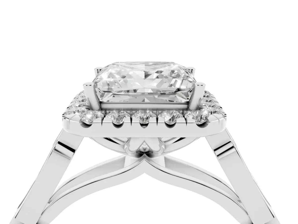 Princess Cut Halo Diamond Engagement Ring with Filigree Band and Four-Prong Setting Silver