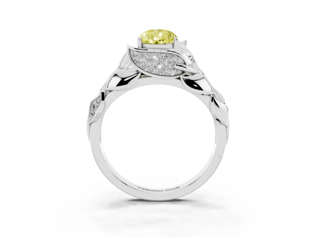 Fancy Yellow Pear Cut Diamond Leaf-Inspired Engagement Ring with Round Accents and Prong Setting Silver