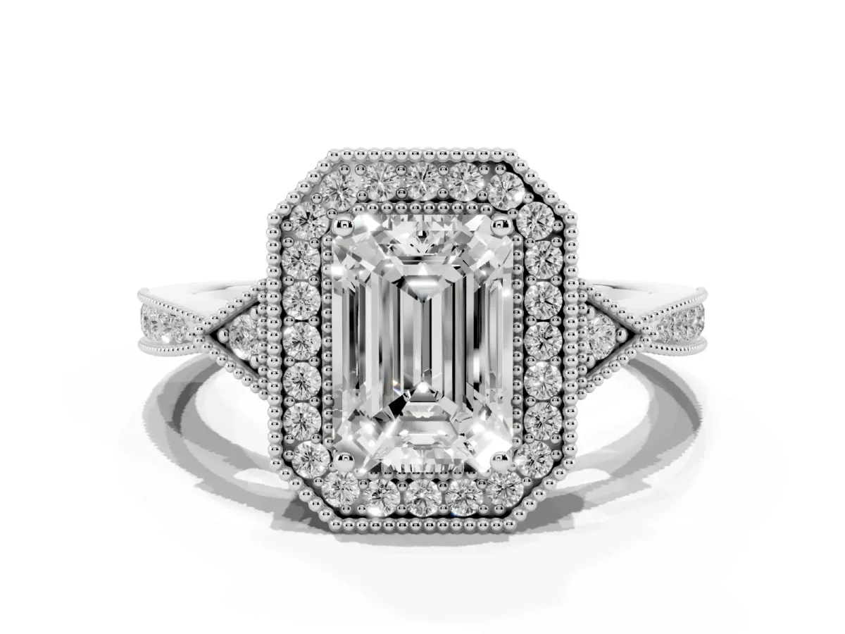 Emerald Cut Halo Round Diamond Milgrain Pave Engagement Ring Silver