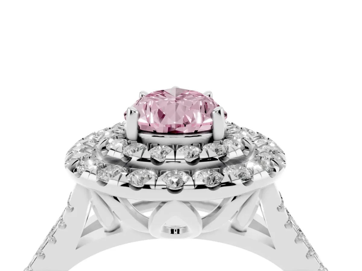 Fancy Pink Double Halo Pear Cut Diamond Pavé Split Shank Ring with Prong Setting White gold