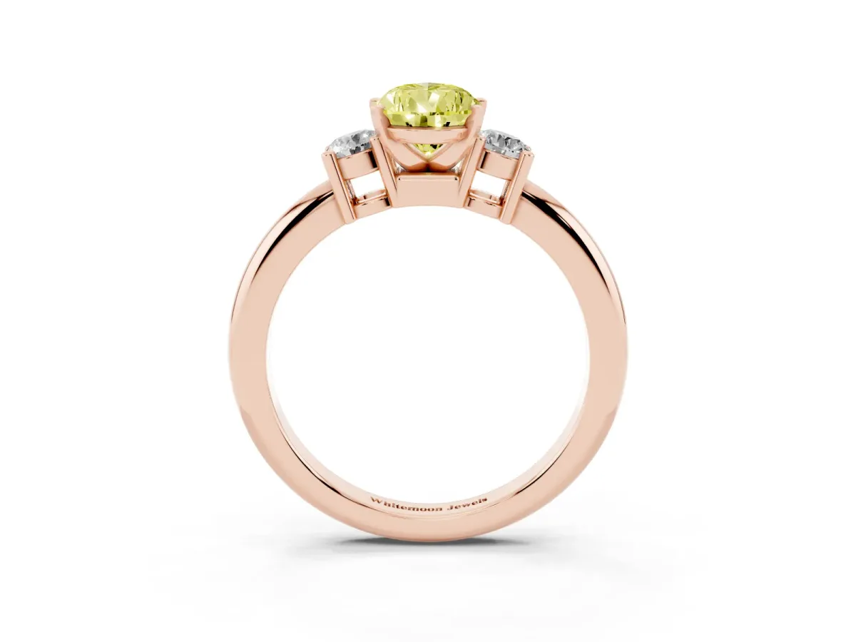 Fancy Yellow Three-Stone Pear Cut Cut Diamond Solitaire with Prong Setting and Classic Band Rose gold
