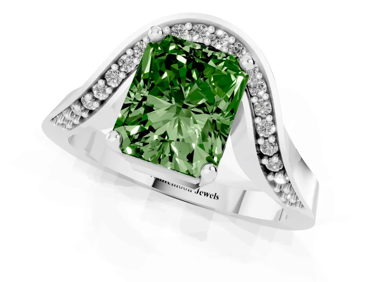 Fancy Green Radiant Cut Solitaire Diamond Engagement Ring with Pave Band and Four-Prong Setting Platinum