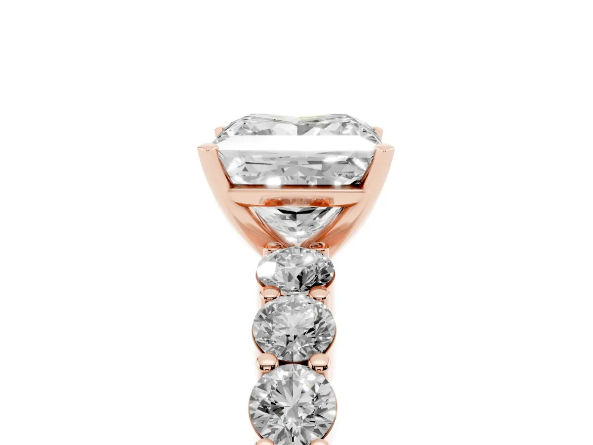 Princess Cut Diamond Solitaire Ring with Shared Prong Round Side Stones Rose gold