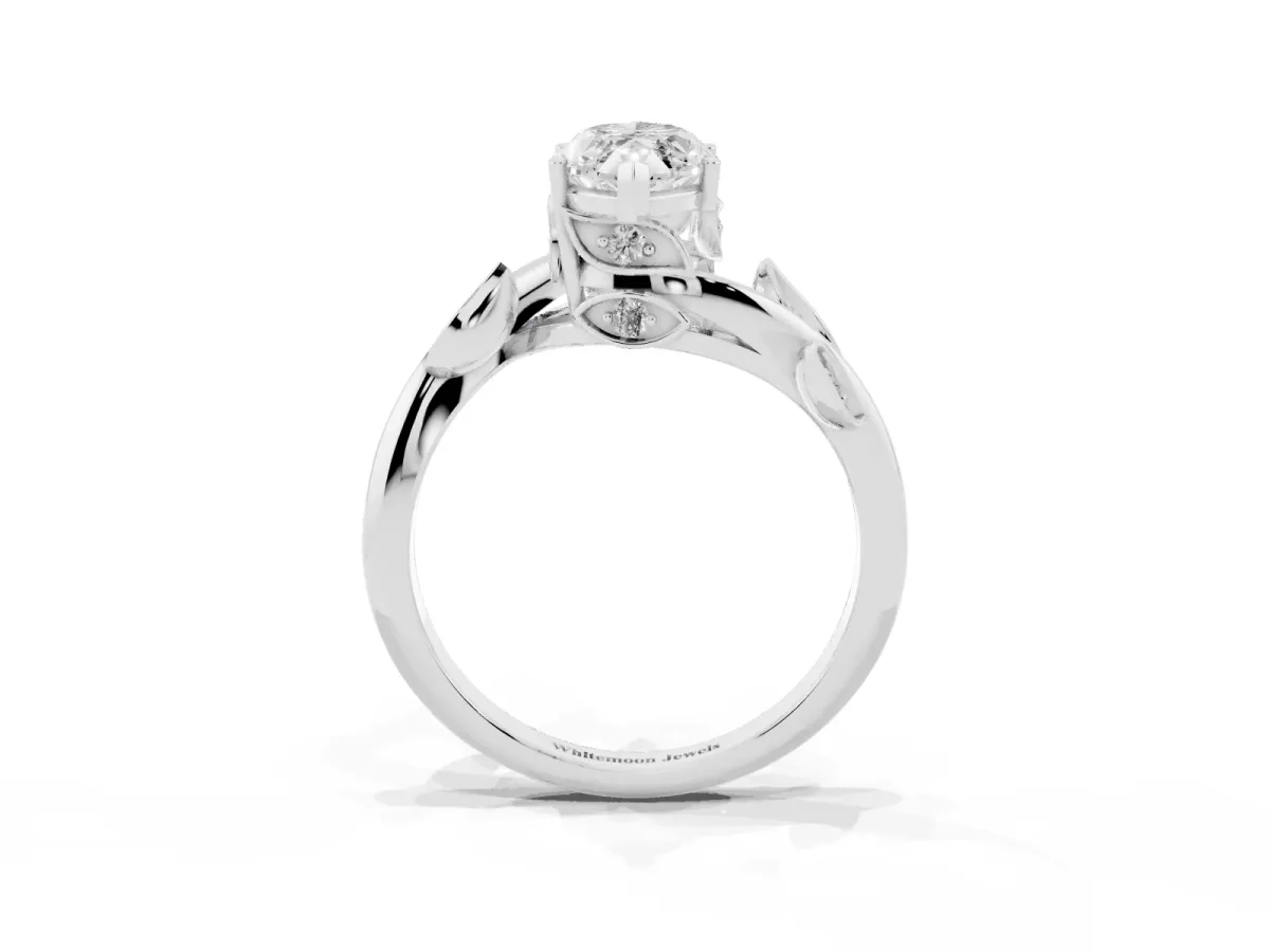 Marquise Cut Solitaire Twist Engagement Ring with Leaf Accents and Prong Setting Platinum