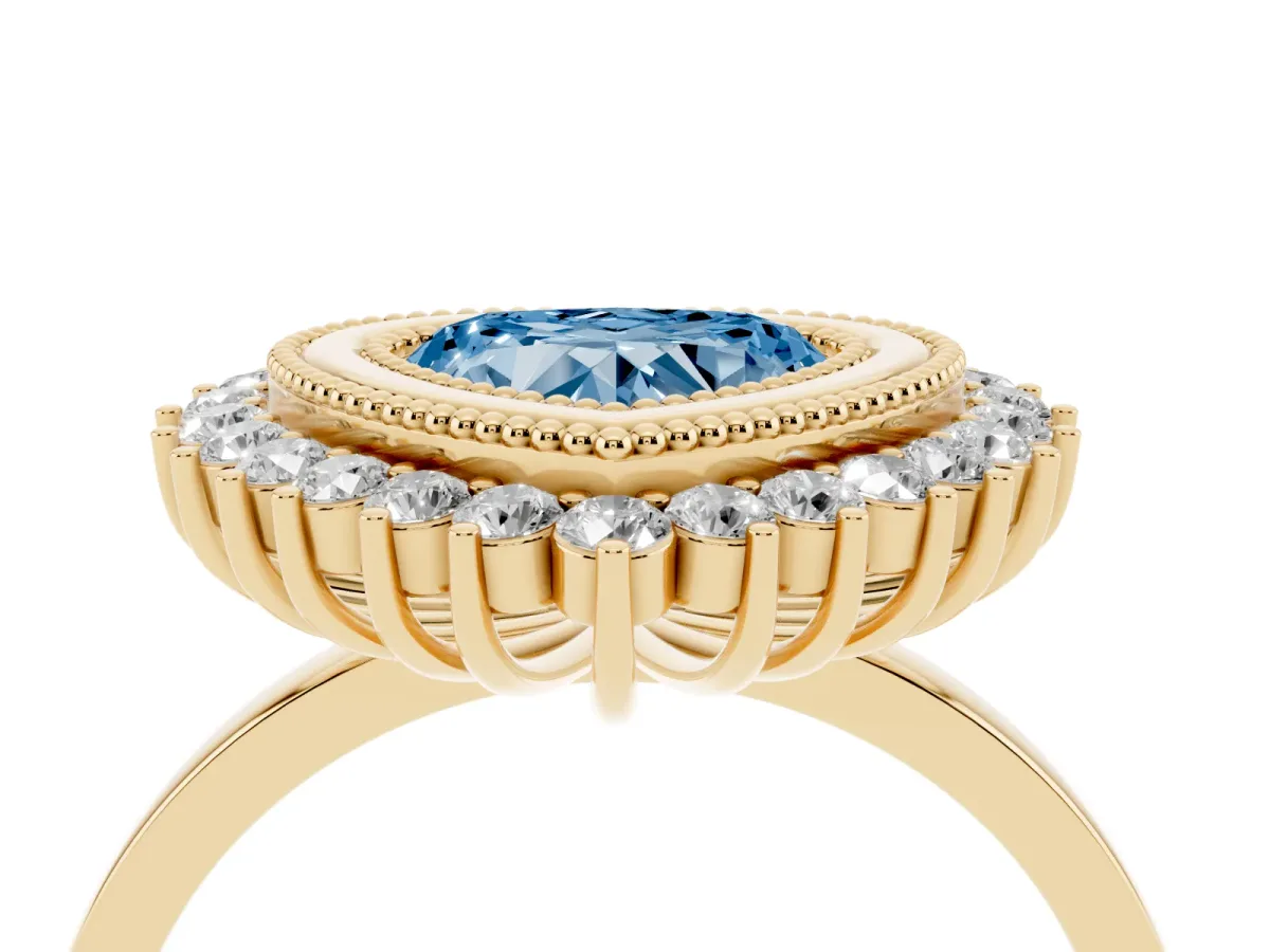 Fancy Blue Heart Cut Halo Diamond Ring with Milgrain Edge and Round Prong Setting Yellow gold