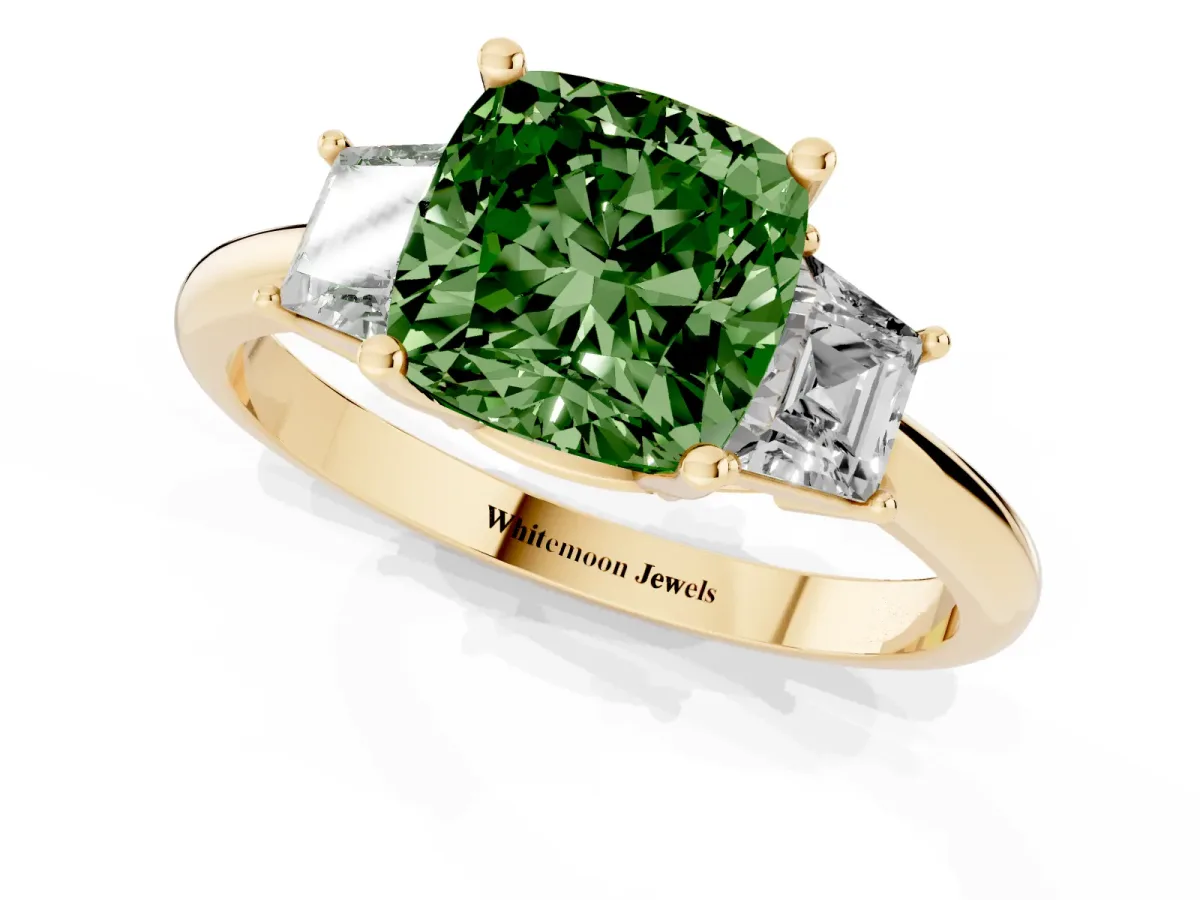Fancy Green Cushion Cut Diamond Three-Stone Ring with Trapezoid Side Stones and Prong Setting Yellow gold