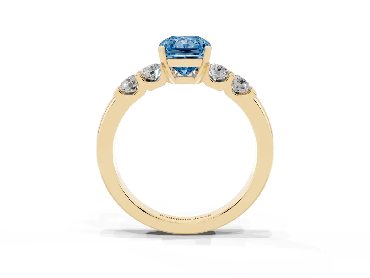 Fancy Blue Radiant Cut Brilliant Cut Diamond Five-Stone Prong Set Engagement Ring with Channel Band Yellow gold