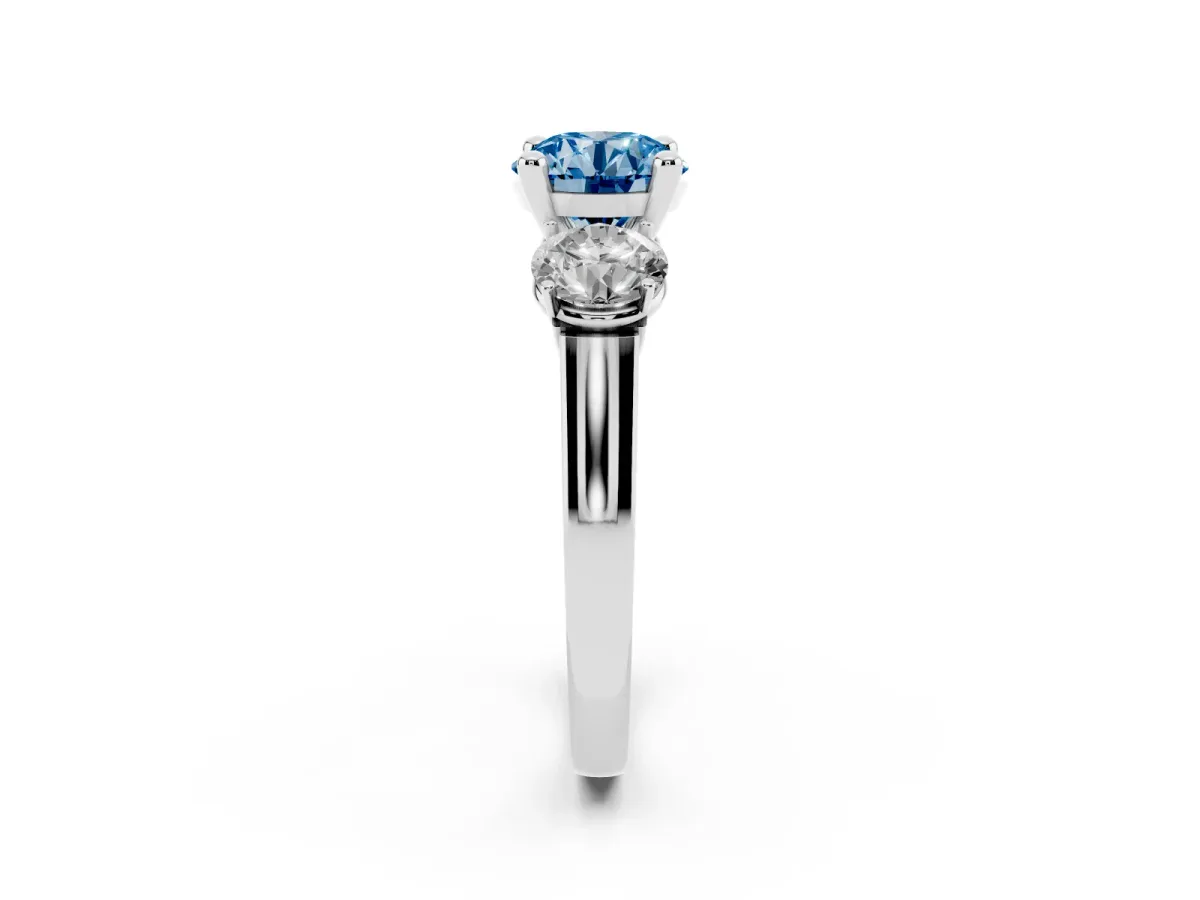 Fancy Blue Three-Stone Round Cut Brilliant Diamond Trellis Ring with Comfort Fit Band White gold