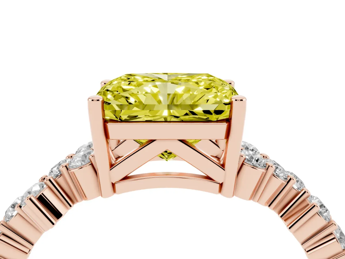 Fancy Yellow Radiant Cut Diamond Scattered Round Accent Ring with Prong Setting Rose gold