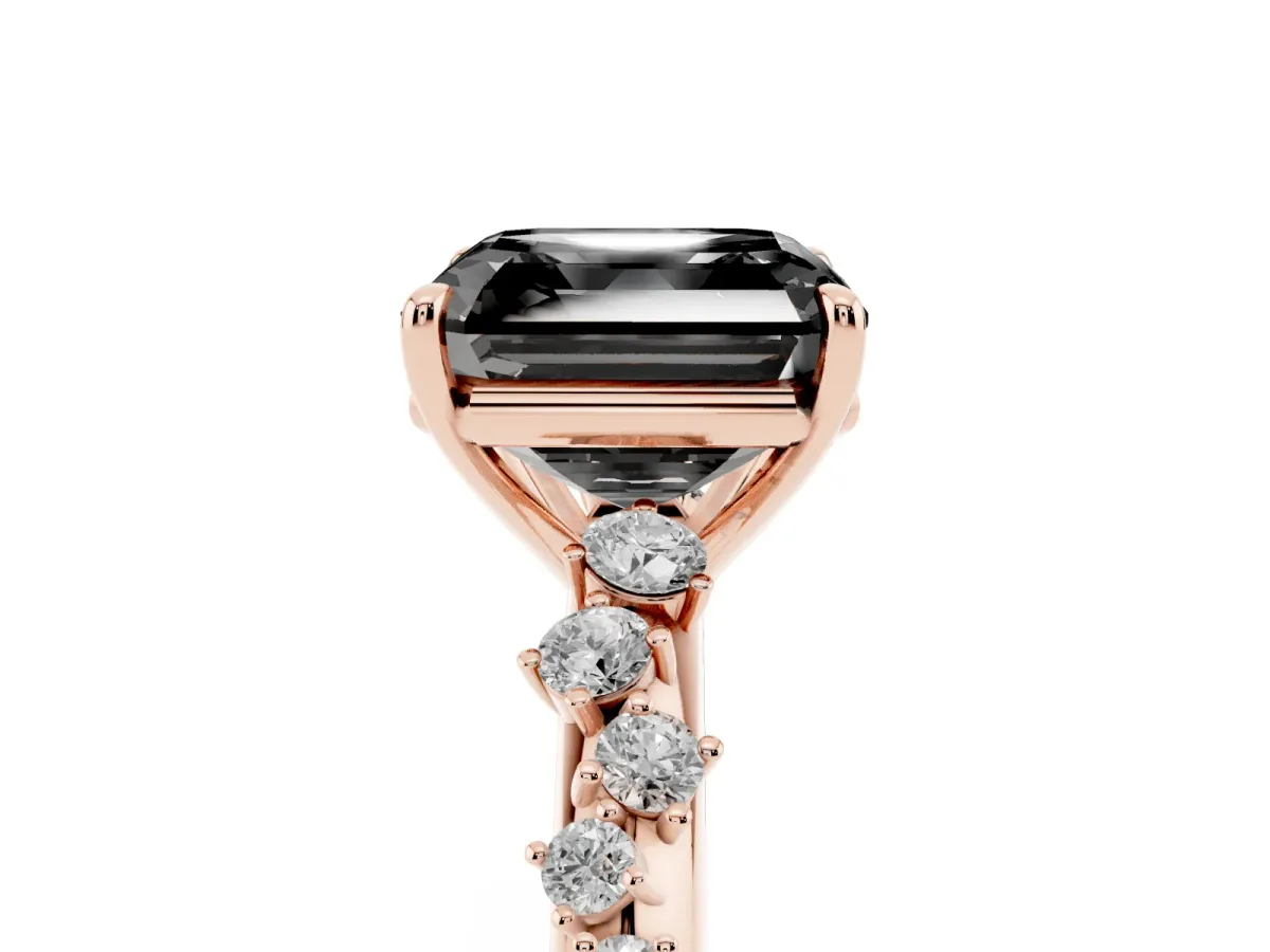 Fancy Black Asscher Cut Diamond Cluster Side Stone Solitaire Ring with Prong Setting Rose gold