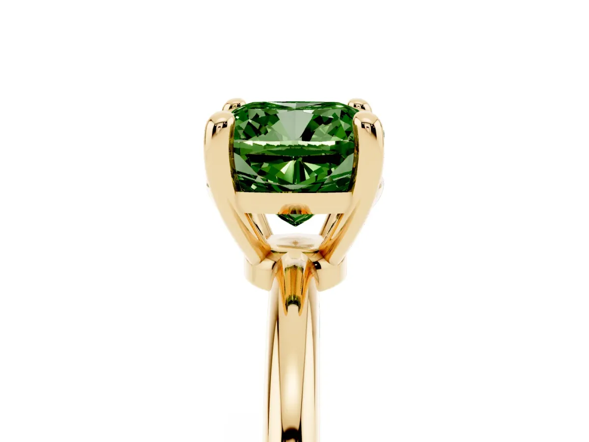 Fancy Green Cushion Cut Solitaire Diamond Ring with 4-Prong Setting on a Classic Band Yellow gold