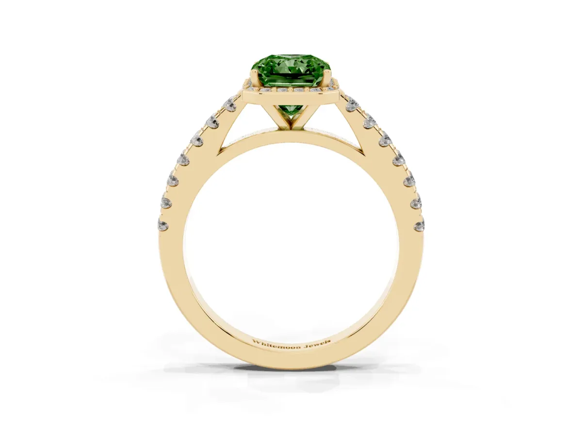 Fancy Green Radiant Cut Cut Halo Diamond Engagement Ring with Pave Band and Four-Prong Setting Yellow gold