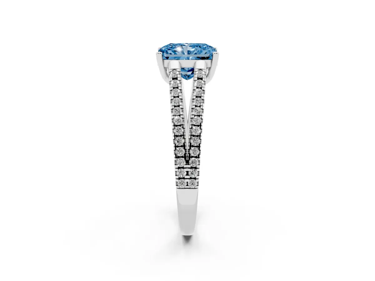 Fancy Blue Radiant Cut Diamond Solitaire Engagement Ring with Split Shank Pavé Band Platinum