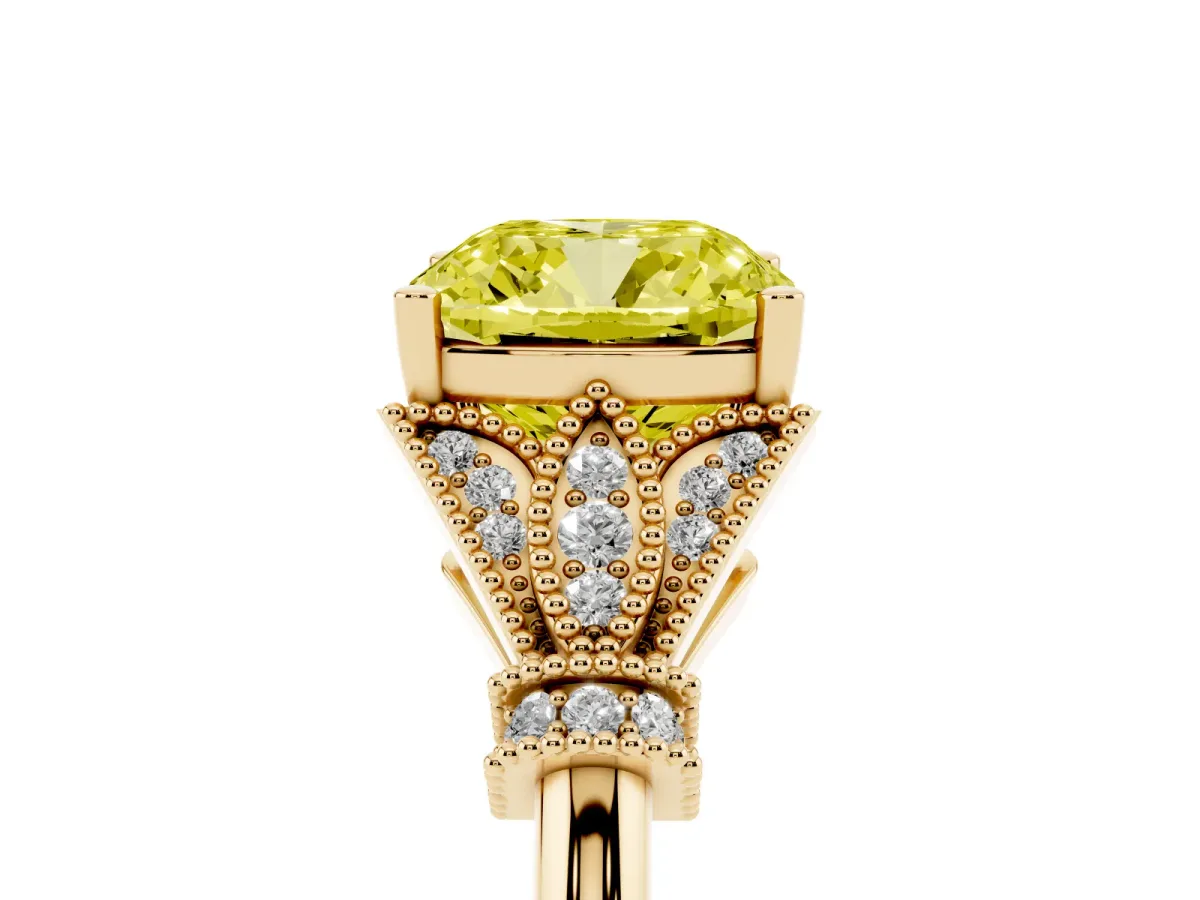 Fancy Yellow Cushion Cut Diamond Solitaire Ring with Floral Filigree and Pave Accents Yellow gold
