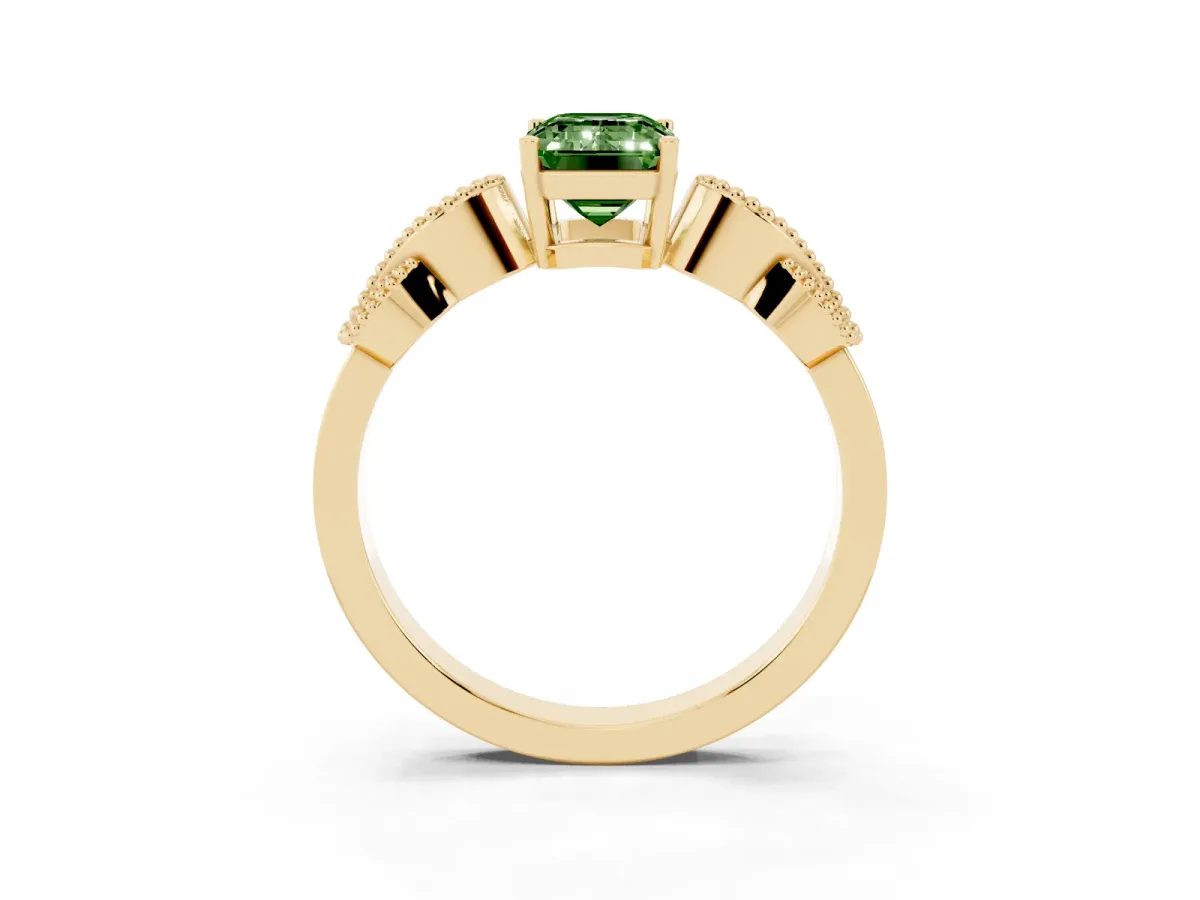Fancy Green Emerald Cut Solitaire Milgrain Leaf Band with Prong Setting Yellow gold