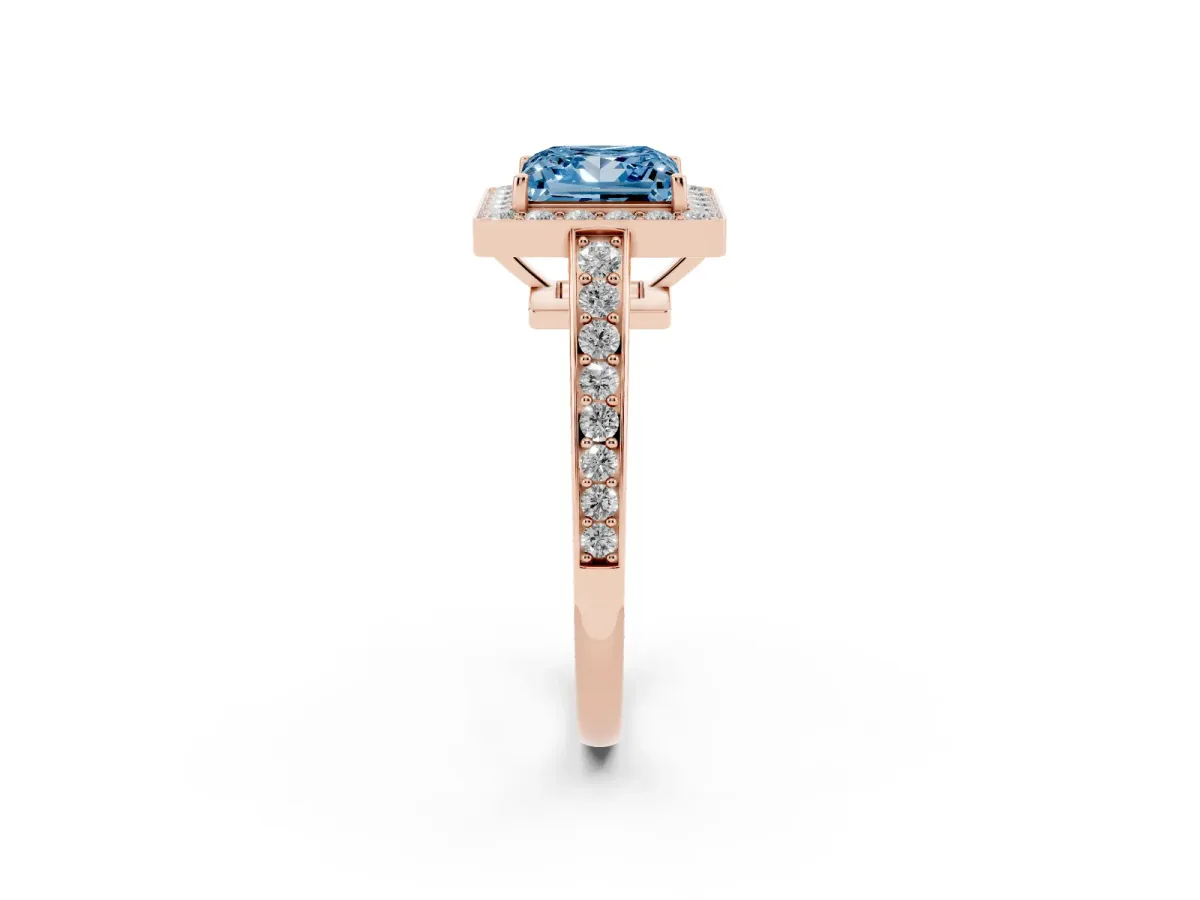 Fancy Blue Princess Cut Halo Pavé Diamond Engagement Ring with Bezel Setting Rose gold