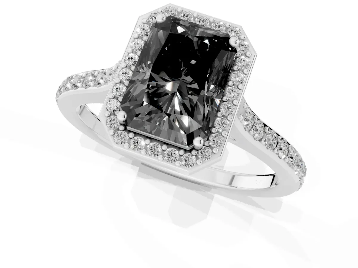 Fancy Black Radiant Cut Diamond Halo Engagement Ring with Round Pavé Shoulders and Prong Setting Platinum