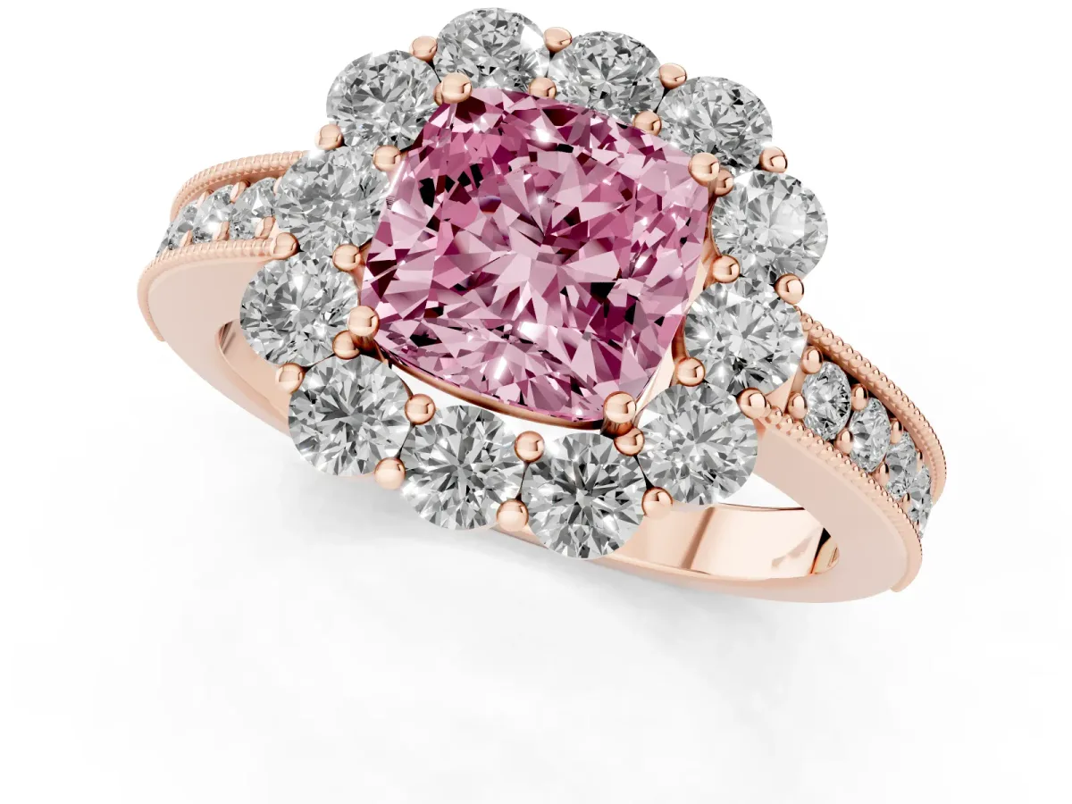 Fancy Pink Cushion Cut Cut Halo Diamond Pavé Engagement Ring with Milgrain Detailing Rose gold