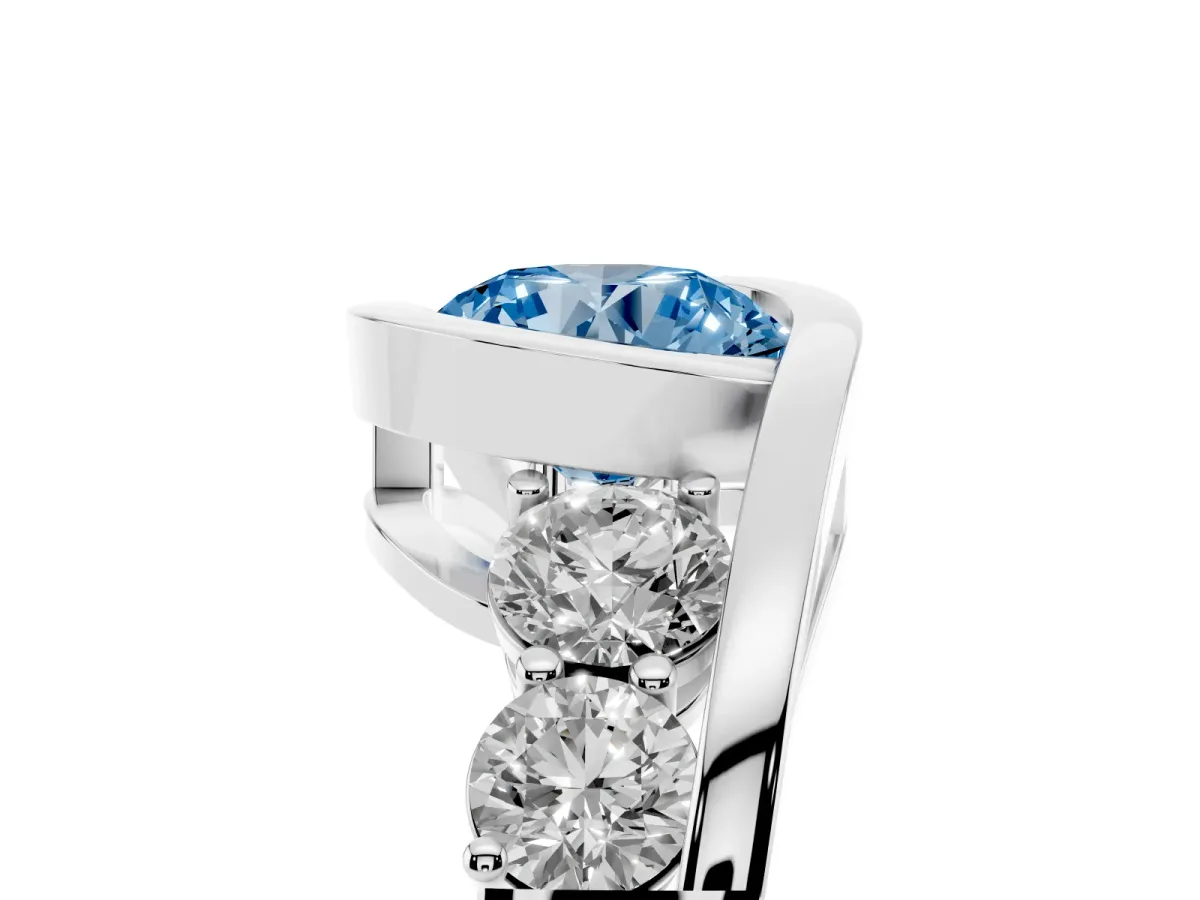 Fancy Blue Bezel Set Round Cut Diamond Bypass Ring with Round Accents Platinum